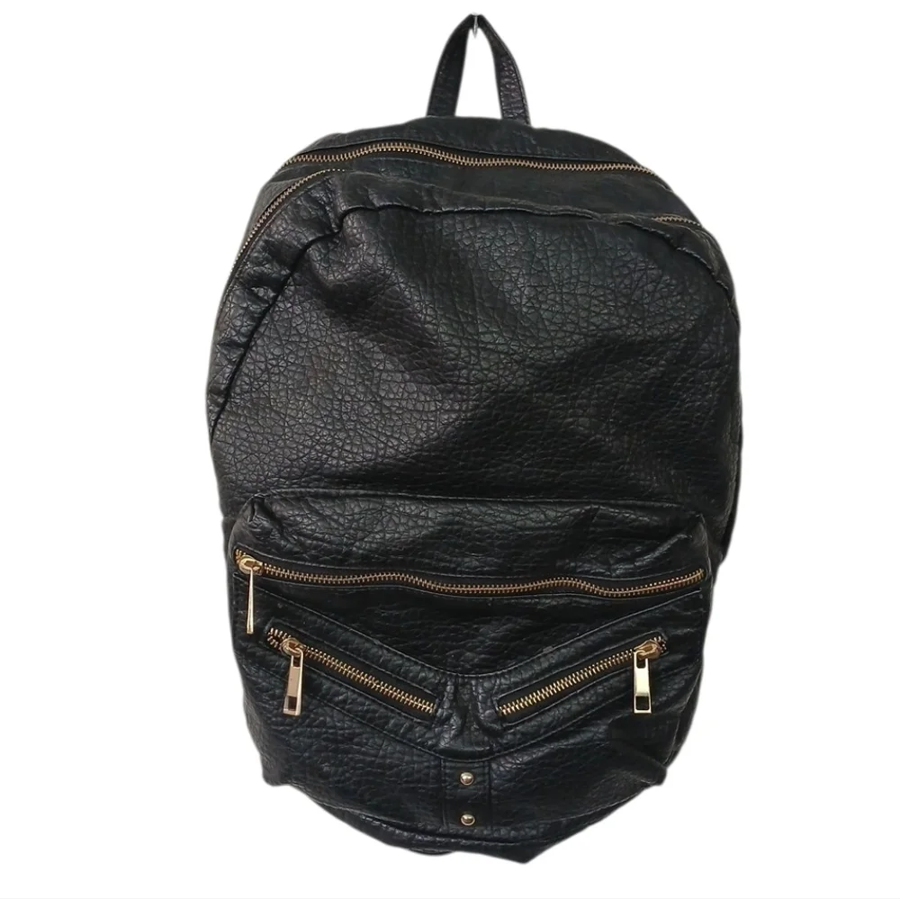 Under One Sky Black Textured Faux Leather Backpack with Gold Zippers